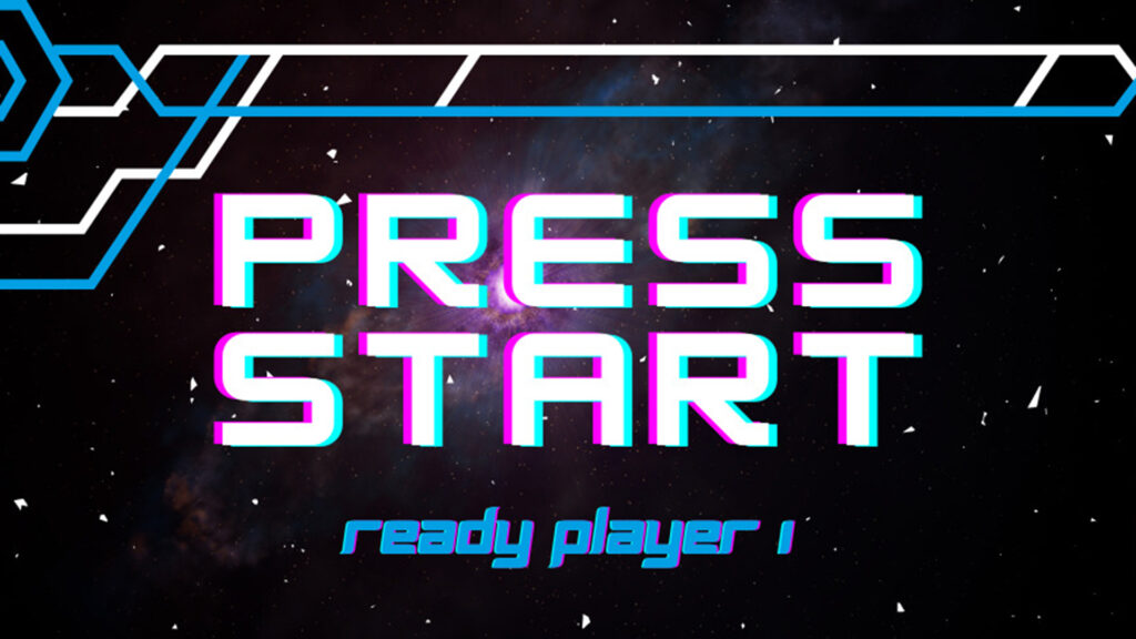 Ein futuristisch gestalteter Schriftzug „PRESS START“ erscheint in Neonfarben vor einem galaktischen Hintergrund. Darunter steht „ready player 1“. Das Design erinnert an klassische Arcade-Games.
