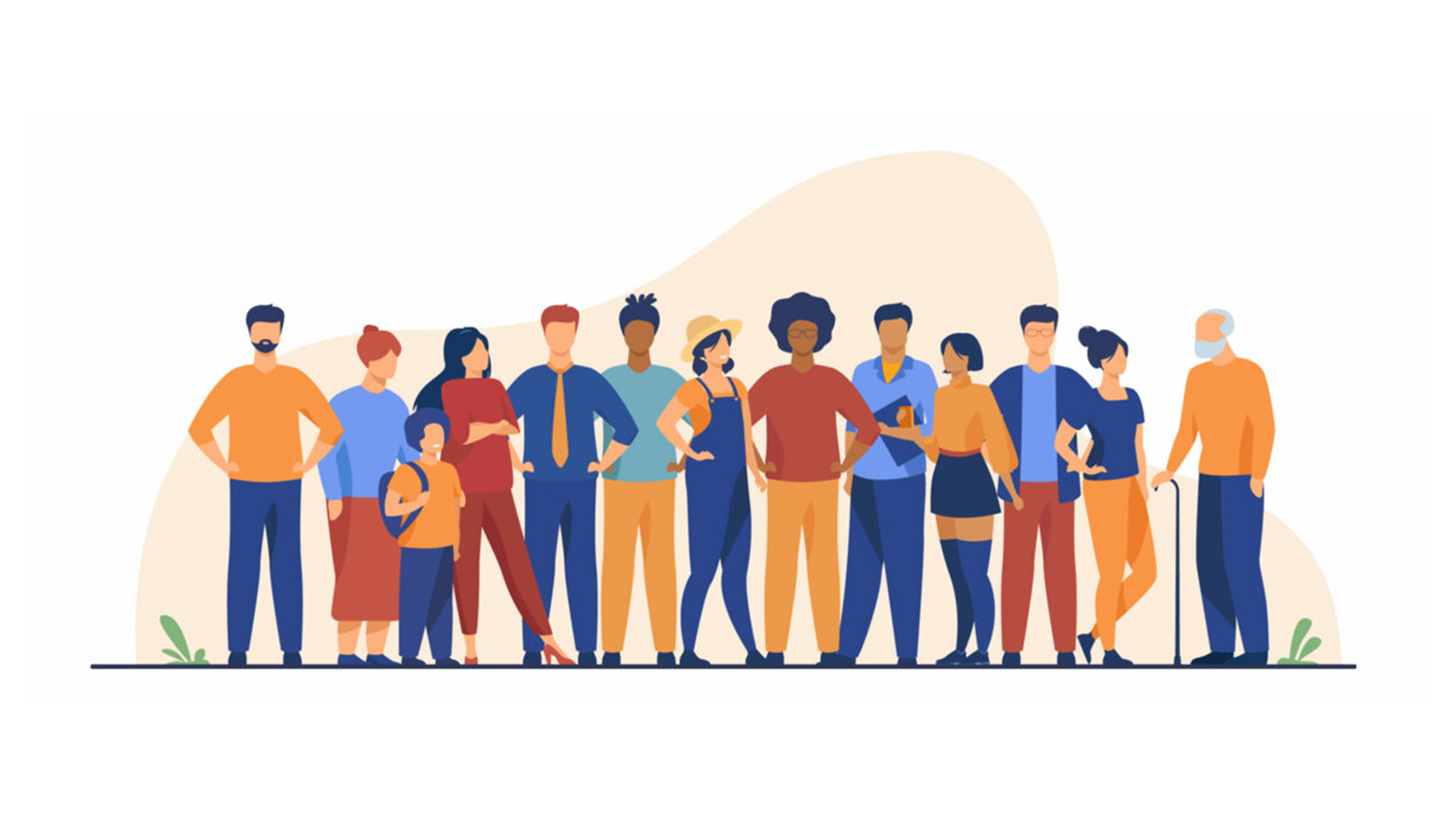 Illustration einer vielfältigen Gruppe von Menschen unterschiedlichen Alters und Stils. Einige stehen mit verschränkten Armen, andere halten Taschen oder stützen sich auf einen Gehstock. Die Figuren sind farbenfroh in Orange- und Blautönen gekleidet.