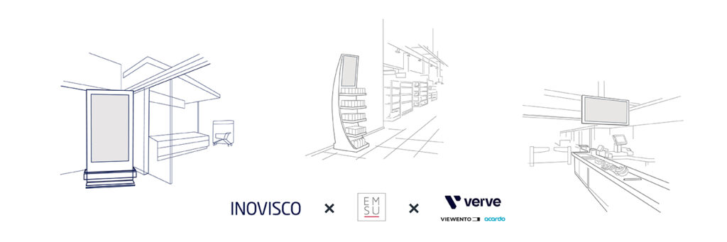 Illustrationen von drei digitalen Screens im Marktumfeld: Im Eingangsbereich, auf der Fläche und am Check Out. Darunter die Logos von den Partnern der Retail Media Alliance: INOVISCO, EMSU, verve Retail Media mit VIEWENTO und arcardo.