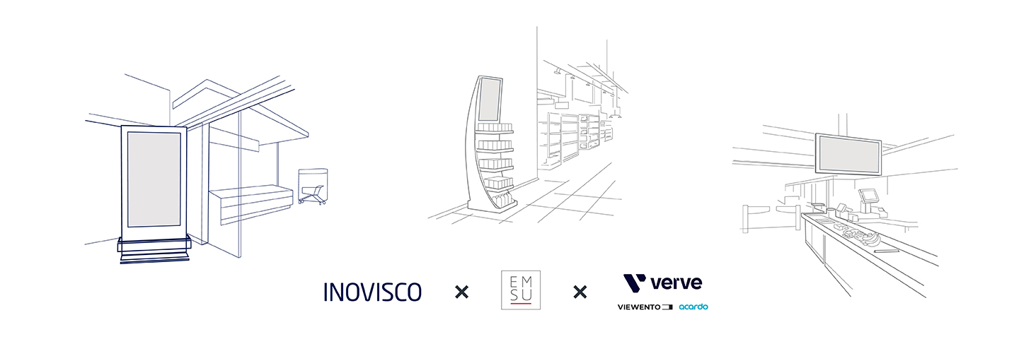 Illustrationen von drei digitalen Screens im Marktumfeld: Im Eingangsbereich, auf der Fläche und am Check Out. Darunter die Logos von den Partnern der Retail Media Alliance: INOVISCO, EMSU, verve Retail Media mit VIEWENTO und arcardo.
